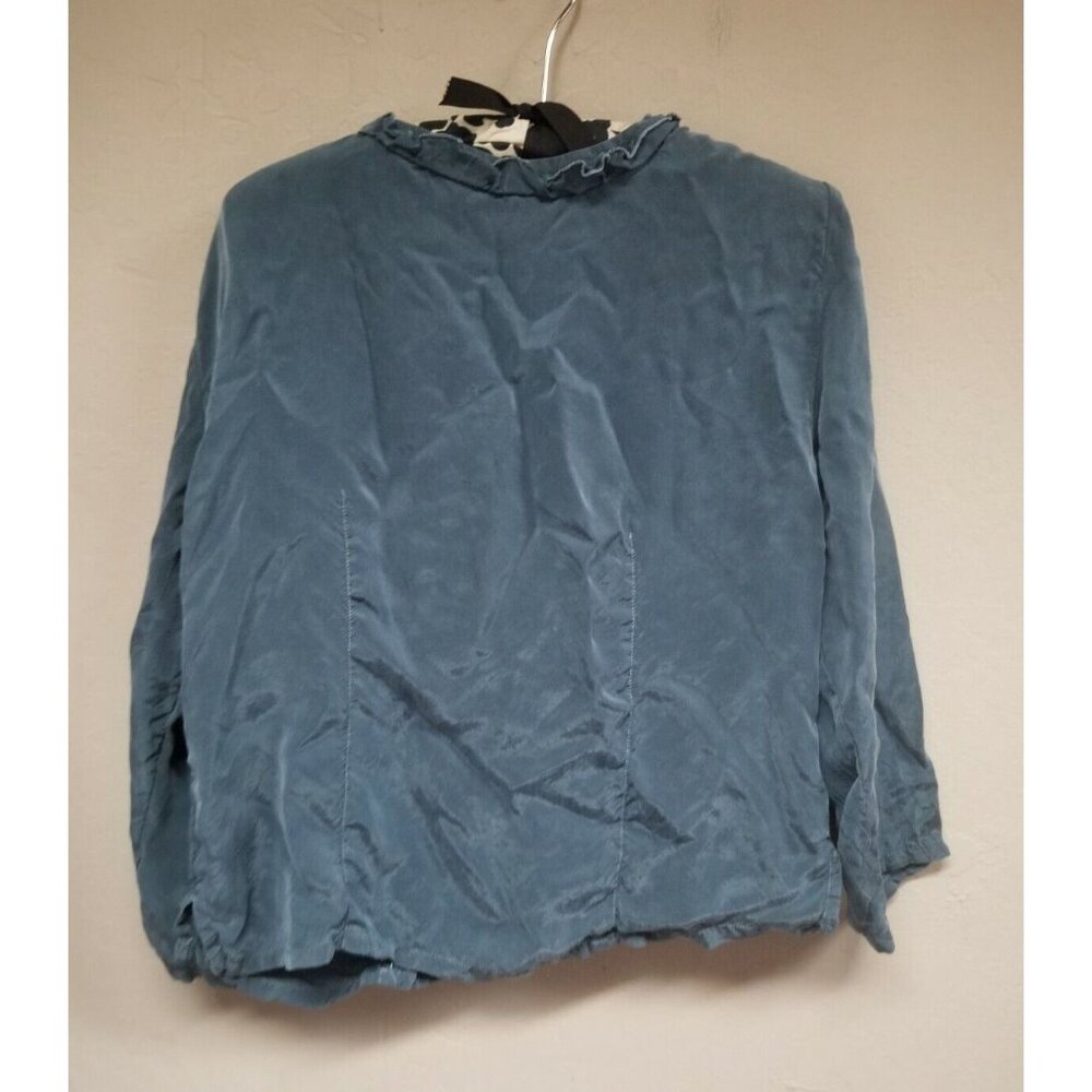 Cut Loose Womens V-Neck Button Front Ruffle Shirt Blouse Top Blue Large Casual - Picture 2 of 6